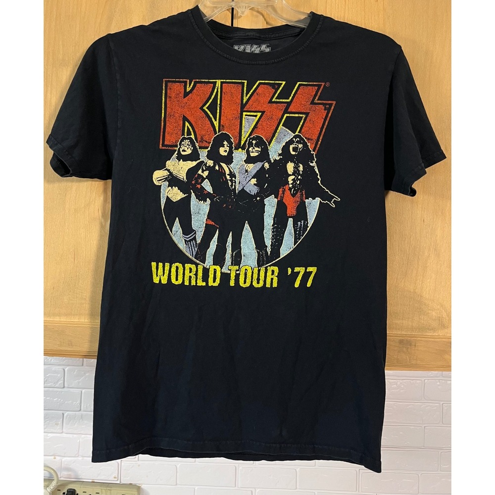 KISS World Tour 77 Graphic T-Shirt Mens Small Black Band Tee Rock